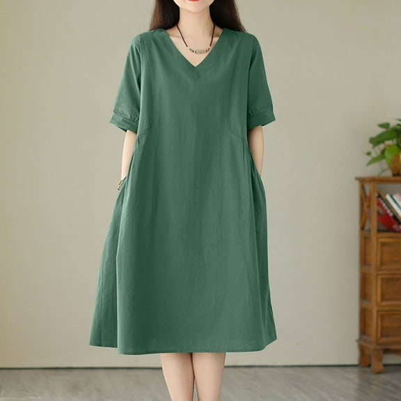 Hot Days, Bold Styles SMihono Midi Dresses for Women Casual V Neck Half Sleeve A Line Dress Flowy Swing Pleated Mid-Calf Length Dress with Pockets Green L