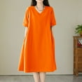 thumbnail image 1 of Hot Days, Bold Styles SMihono Midi Dresses for Women Casual V Neck Half Sleeve A Line Dress Flowy Swing Pleated Mid-Calf Length Dress with Pockets Orange L, 1 of 9