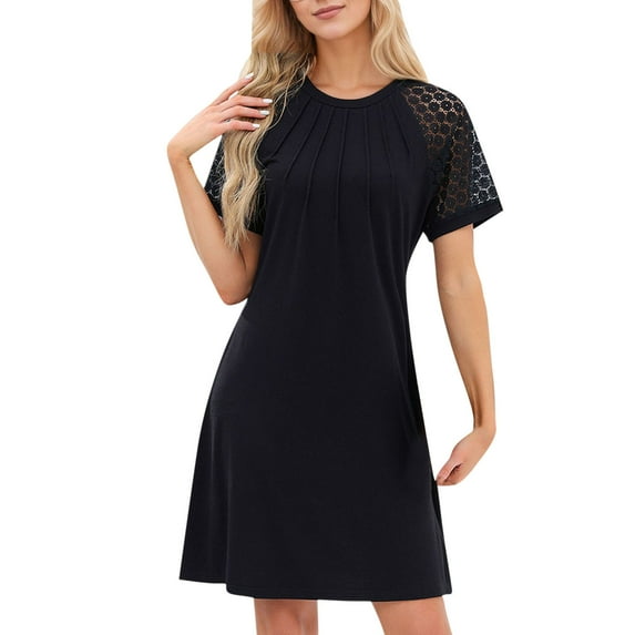 SMihono Trendy Summer Dresses for Women Lace Patchwork Short Sleeve Round Neck Tshirt Dress Pleated Front Vacation Dresses Black XL
