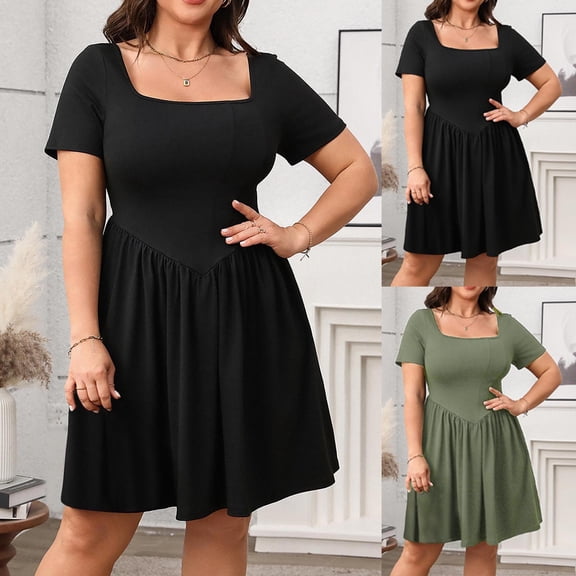 Hot Days, Bold Styles SMihono Women 2025 Summer Dress Square Neck Formal Short Sleeve Business Casual Outfits Ruffle Spring Pockets Sundress Black XXL