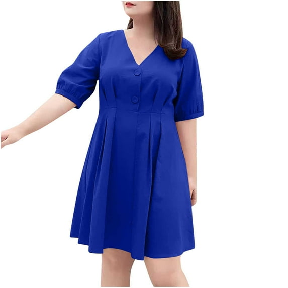 SMihono Women Summer Vacation Dress Plus Size Short Sleeve V Neck Sundress 2025 Trendy Solid Pleated Holiday Dresses Blue L