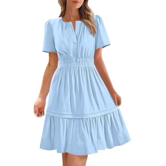 Hot Days, Bold Styles SMihono Women's Casual Dresses 2025 Summer Fall V Neck Short Sleeve Sundress Smocked Waist A Line Tiered Mini Dress Light Blue L