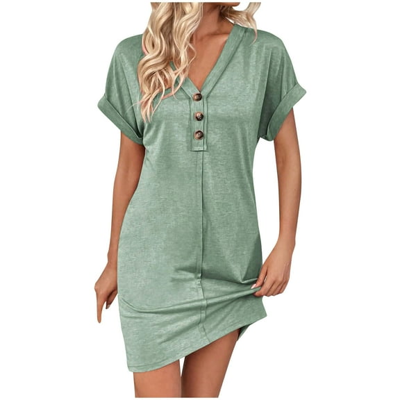 Hot Days, Bold Styles SMihono Women's Casual T Shirt Dress Button Up V Neck Tunic Dresses Summer Short Sleeve Mini Dresses Loose Sundresses Green M