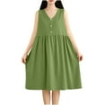 thumbnail image 1 of Hot Days, Bold Styles SMihono Women's Cotton Linen Midi Dress Sleeveless Buttons V Neck Summer Beach Sundress Casual Loose Pleated Tank Dress Green L, 1 of 9