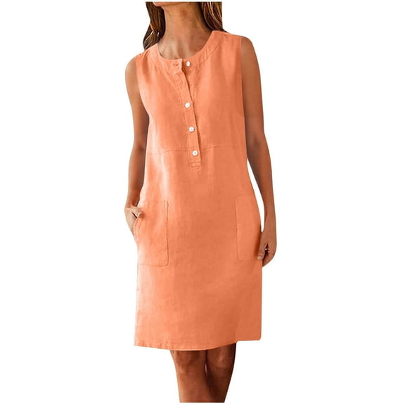 Hot Days, Bold Styles SMihono Women's Half Button Down Linen Dress 3/4 Sleeve Casual Crewneck Midi Knee Length Dresses with Pockets Orange S