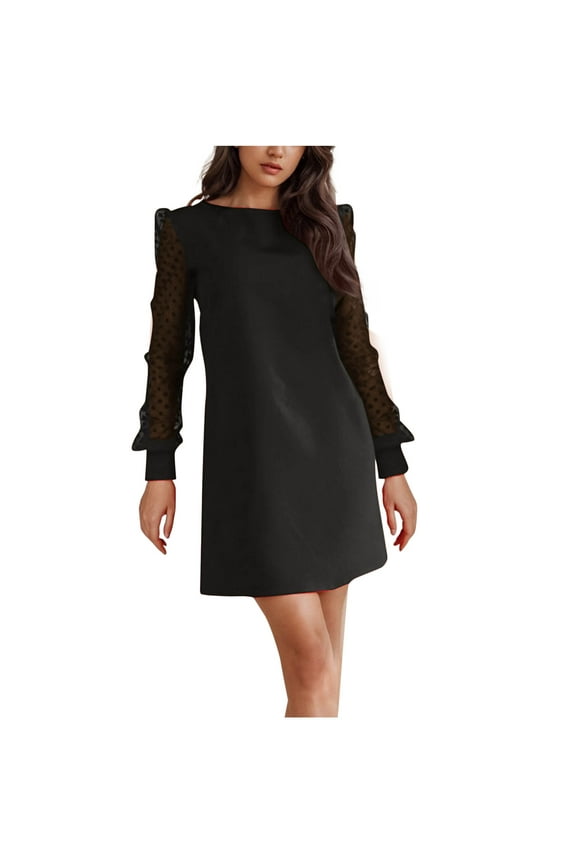 Hot Days, Bold Styles SMihono Women's Mesh Sheer Lantern Long Sleeve Office Mini Dress Elegant Crewneck Loose Short Party Cocktail Pencil Dresses Black L