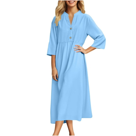 Hot Days, Bold Styles SMihono Women's Summer Cotton Button Down Short Sleeve Maxi Dress with Pockets Casual Loose V-Neck Plus Size Flowy High Waist Dresses Sky Blue L