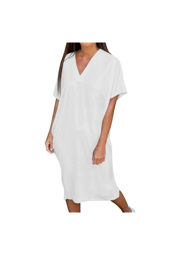 Womens Summer Dress Oversized High Waist Short Sleeve Short Dress Classic Casual Vacation Dress Basic Boutique Dress White M