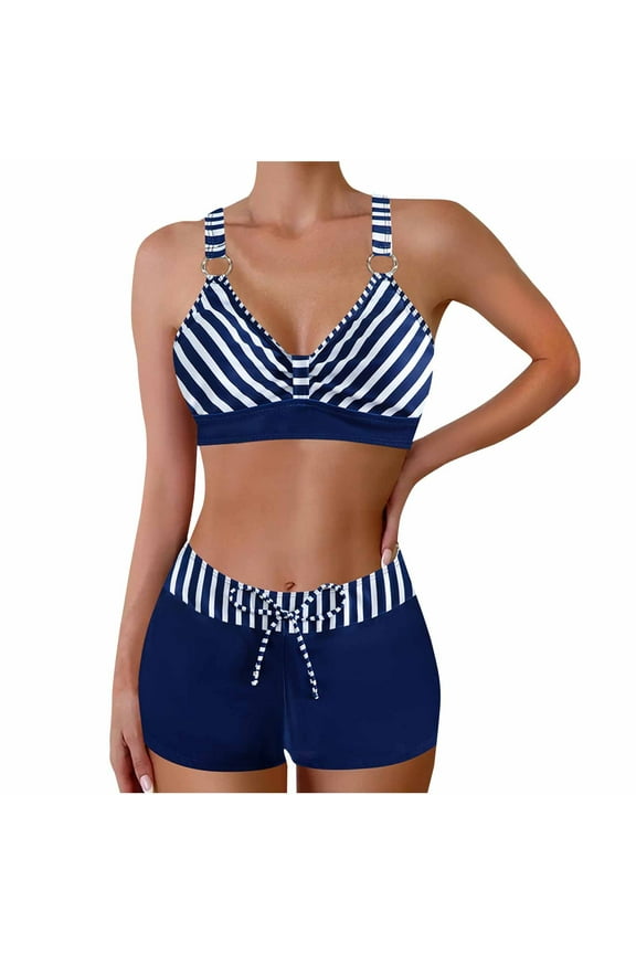 Hot Days, Bold Styles UTSJKR Women's 2 Piece Bikini Sets Fashion Striped Suspenders Two Piece Swimsuits Plus Size Sexy Tankini Bathing Suits 2025 Dark Blue S