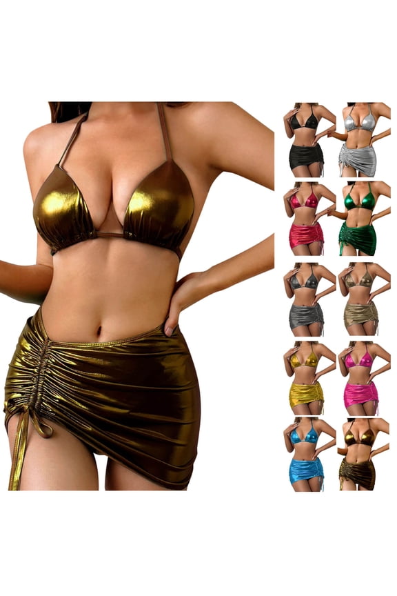 Hot Days, Bold Styles UTSJKR Women's 3 Piece Shiny Metallic Swimsuit Sexy Triangle Bikini Tie Side Thong Festival Outfit with Drawstring Mini Skirt Gold XL