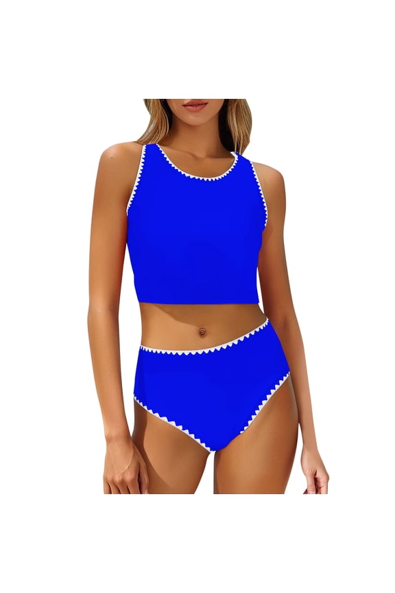 Hot Days Bold Styles UTSJKR Women's Two Piece Tankini Bathing Suits Sporty High Neck Tank Top with High Waisted Bottom Tummy Control Swimsuits Blue L