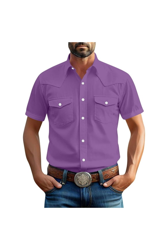 Hot Days, Bold Styles YLSDY Linen Shirts for Men Western Snap Short Sleeve Shirt Casual Two Pockets Cotton Linen Classic Work Shirts Purple XXXXL