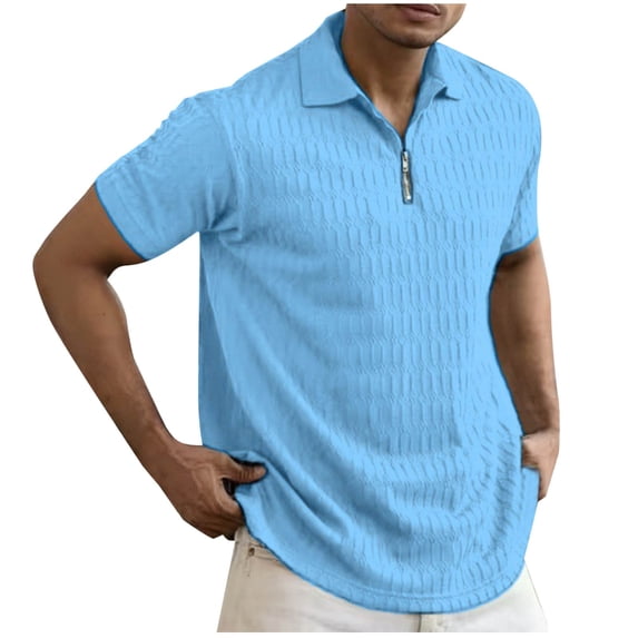 Hot Days, Bold Styles YLSDY Mens Quarter Zip Button Collared Shirts Knit Textured Casual Short Sleeve Shirt Lightweight Golf Tops Loose Fit T-Shirt Athletic Sports Tops Sky Blue XL