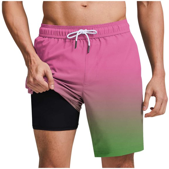 Hot Days, Bold Styles YLSDY Mens Swim Trunks 7Inch with Compression Liner Quick Dry Swimsuit Swim Shorts Gradient Drawstring Swimwear Shorts Pink M