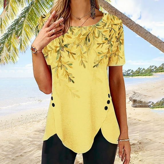 Hot Deal! Luxalzxs Womens Side Button Shirts Shirts Crew Neck Short Sleeve Leaves Printed Split Loose Fit Tunic Tops Casual Fashion Summer Beach Blouses