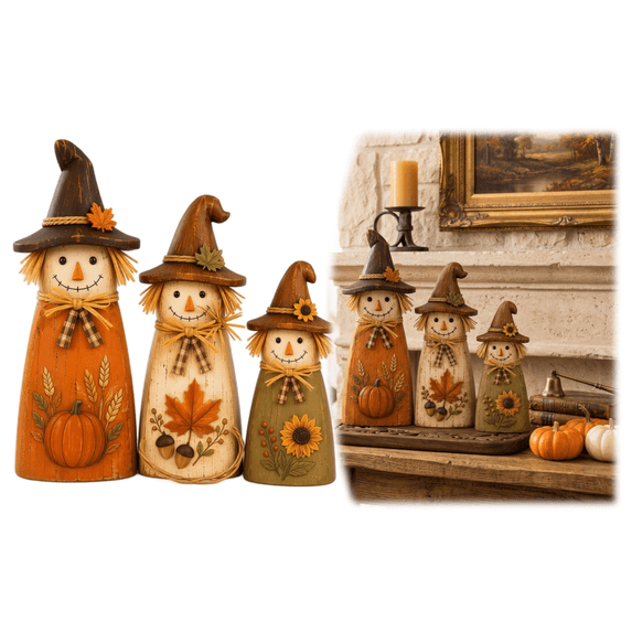 Hot Deal! Vintage Wooden Scarecrow Fall Decor Set, Set of 3 Resin Figurines, Rustic Harvest Tabletop Ornaments for Mantel Shelf Thanksgiving
