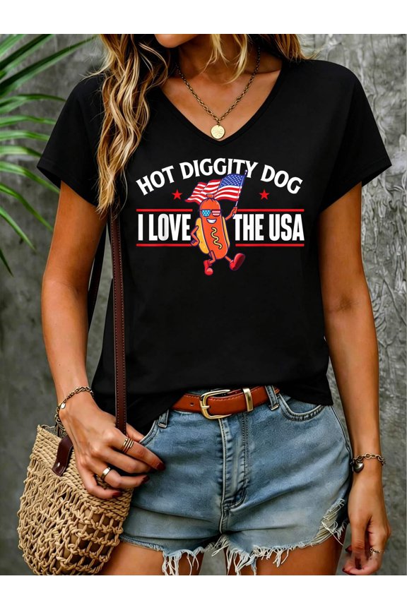 Hot Diggity Dog - USA American Flag 4th of July Fourth V Neck T-Shirt Small Cotton V Neck Tee, Patriotic Shirt, USA Flag Graphic, Fourth of July Outfit
