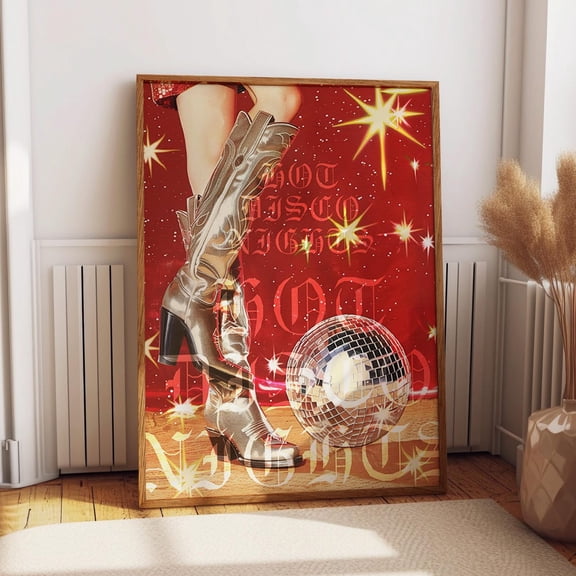 Hot Disco Nights Print – Glamorous Retro Party Wall Art Poster – Bold Red Aesthetic Disco House Wall Art, Modern Wall Decor, 8x12 UNFRAMED