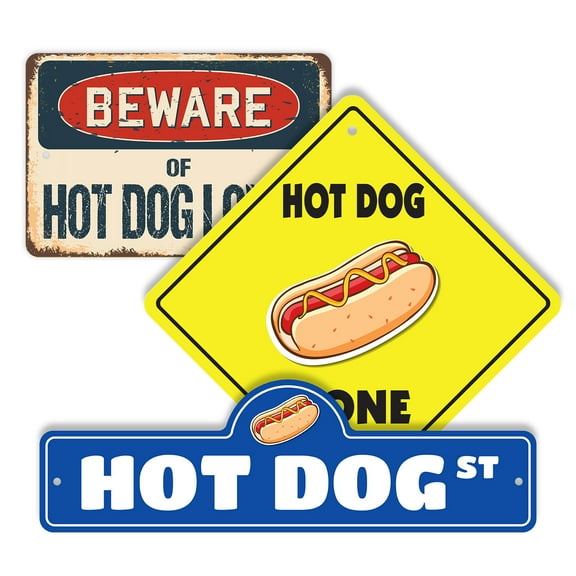 Hot Dog (3 Pack) Large Plastic Street Sign Crossing Sign Warning Sign Vintage Rustic Beware Warning Xing Food Meal Snack Barbecue Lunch Dinner Party Festival Grilled American Fun