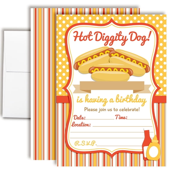 Hot Dog Backyard BBQ Birthday Invitations for Kids, 20 Fill-In Cards with Envelopes, 5x7 Children's Party Invitations, Birthday Party Supplies, Made in USA by Amanda Creation