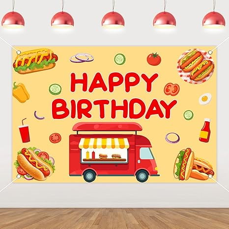 Hot Dog Birthday Party Backdrop - 5 * 3ft Food Theme Vinyl Photo Background with Grommets, Fast Food BBQ Sausage Party Decorations for Hot Dog Bar Birthday Supplies