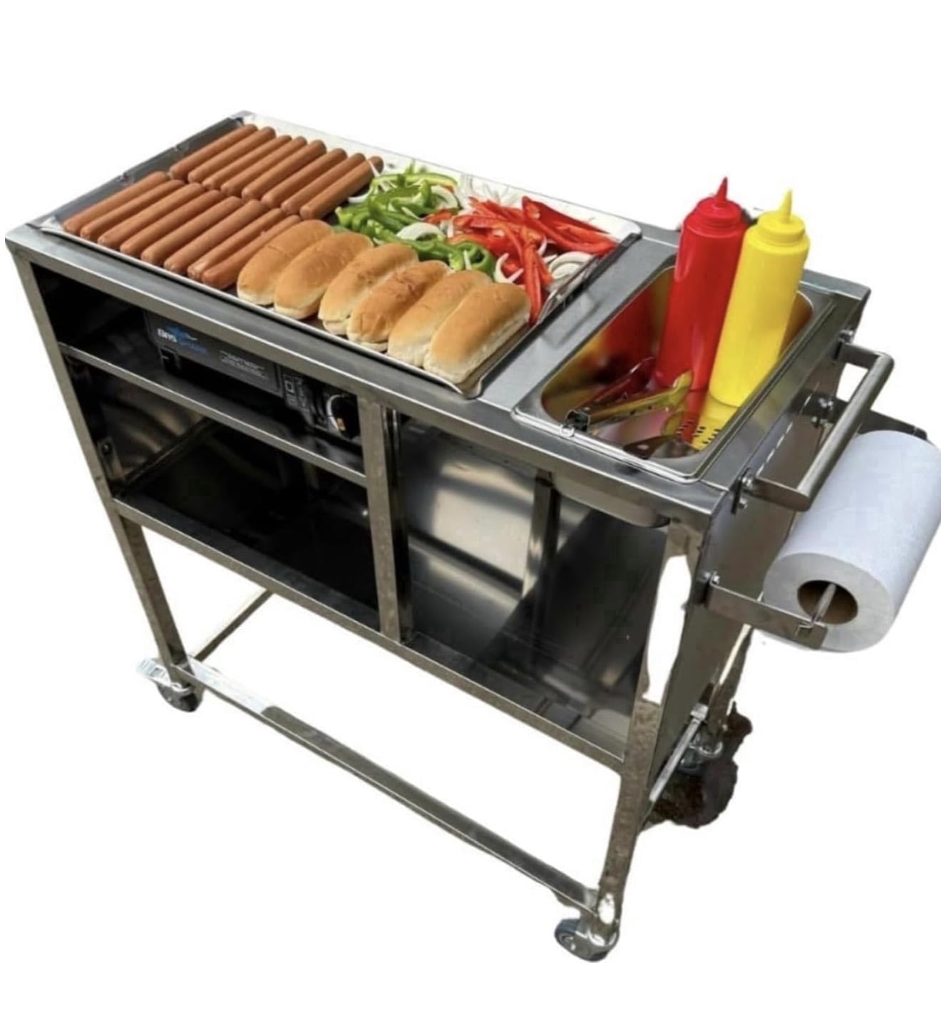 Hot Dog Cart | Stainless Steel Cart with 20" Aluminum Griddle | Propane | Portable 4 Wheels | Street Food Cart for Catering & Vending | Carrito Hot Dogs | Outdoor Cover Included