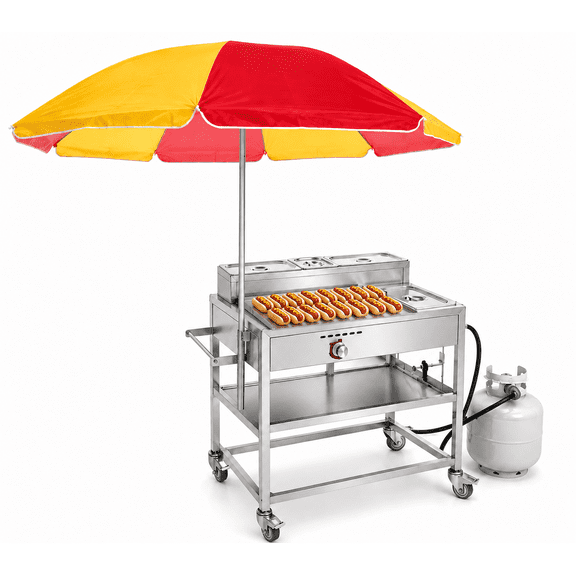 Hot Dog Cart with Umbrella | Stainless Steel Cart with Aluminum Flat Top Griddle | Propane | 4 Wheels Portable | CSA Approved | Street Food Cart for Catering, Vending, and More | Carrito Hot Dogs