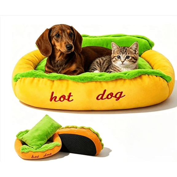 Hot Dog Dog Bed, 2026 New Soft Plush Hot Dog Bed for Dachshund, Hot Dog Bun Dog Bed for Small Dogs and Cats, Non Slip Base, Removable & Washable Pet Mat (S: 19.7 × 13.8 × 6.3in 5.5LB)