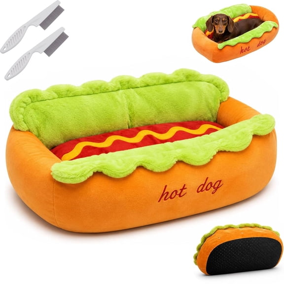 Hot Dog Dog Bed, Cute Removable Washable Soft Warm Pet Mat, Funny Soft Plush Warm Cozy Hotdog Pet Sofa for Small Dogs & Cats