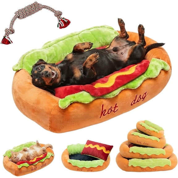 Hot Dog Dog Bed, Hot Dog Bed for Dachshund, Funny Hot Dog Novelty Pet Bed for Dachshund and Small Pets, Soft Plush Hotdog Bun Dog Bed with Removable Washable Cover & Non-Slip Bottom