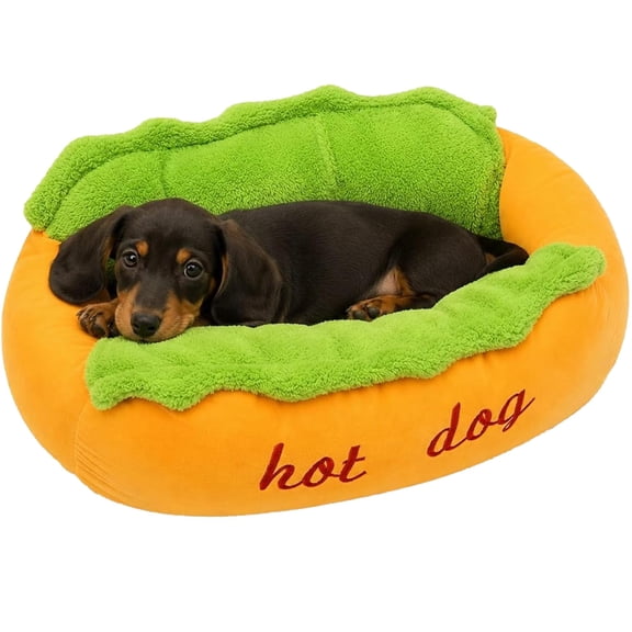 Hot Dog Dog Bed for Small Dogs and Cats, Soft Plush Bun Pet Sofa Nest with Removable Washable Cover, Non-Slip Bottom Cozy Indoor Bed for Dachshunds, Puppies and Cats