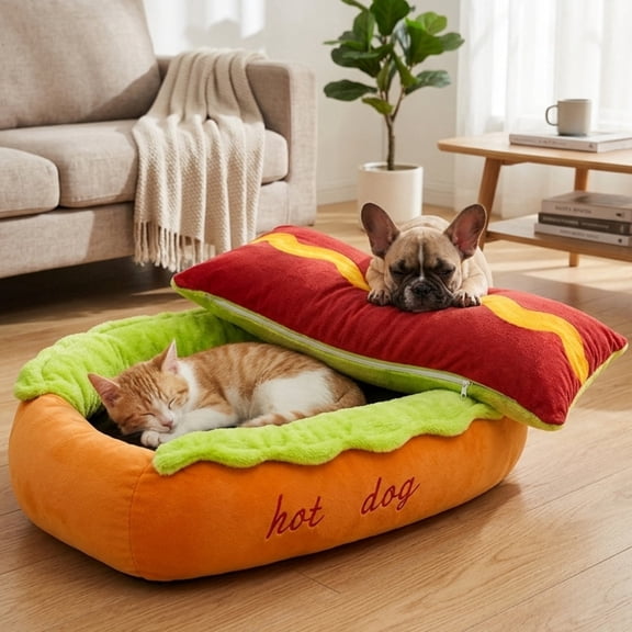 Hot Dog Dog Bed, Soft Plush Small Cute and Warm Cozy Food Dog Cat Bed, Removable Washable Cozy Bun Cushion with Non-Slip Bottom for Puppies Cats Indoor Home