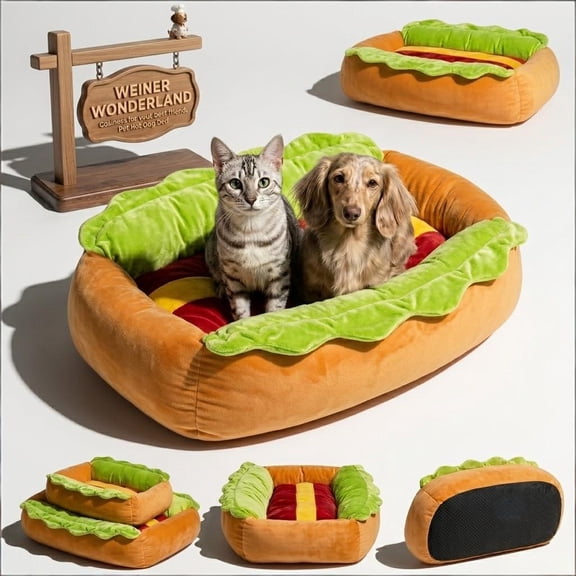 Hot Dog Dog Bed, Soft Plush Small Cute and Warm Cozy Food Dog Cat Bed, Removable & Washable Pet Mat, Washer and Dryer Friendly