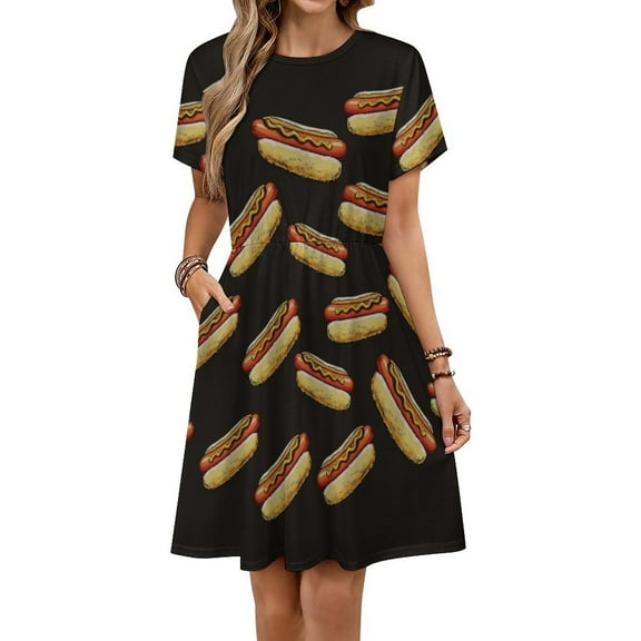 Hot Dog Dress Fashion Beach Short Sleeve Dresses Female Party Printed Sundress