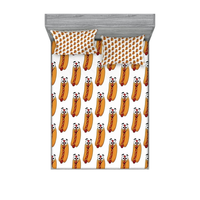 Hot Dog Fitted Sheet & Pillow Sham Set, Cheerful Characterized Food with Eyes and Smiling Frankfurter, Decorative Printed 6 Piece Bedding Decor Set, Queen, Apricot Vermilion, by Ambesonne