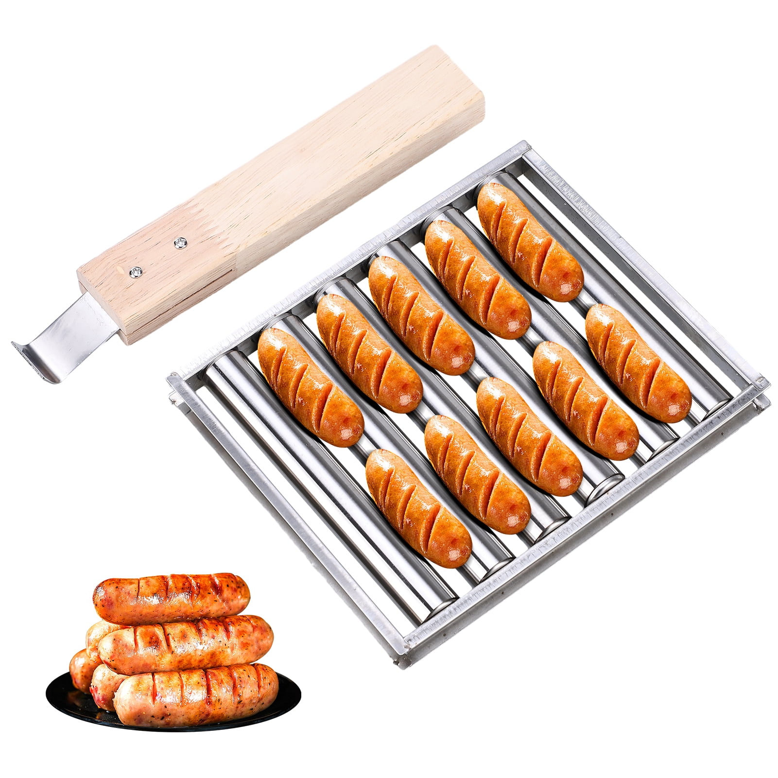 Hot Dog Grill Roller Sausage Roller Holder Rack with Wooden Handle Stainless Steel Hot Dog Grill
