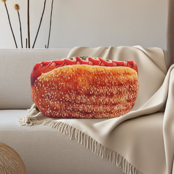 Hot Dog Pillow Printed Plush Cushion, 12x6 Inch Simulated Food Pillow for Office Nap, Soft Cloth Multi-purpose Backrest for Sofa Chair, Cute Decorative Throw for Home Room, Easy Clean Comfortable