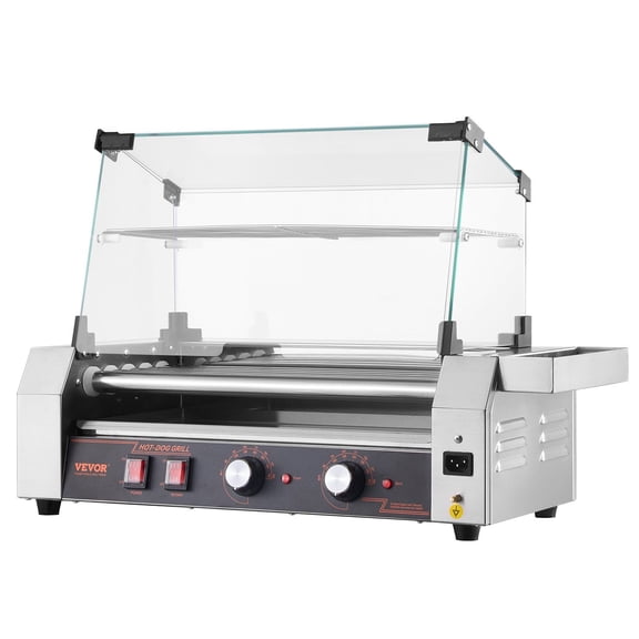Hot Dog Roller, 12 Hot Dog 5 Rollers, Stainless Steel Sausage Grill Cooker, 750W Commercial Hot Dog Machine with Dual Temp Control, Cover, Side Storage Box, Removable Shelf & Oil Drip Tray