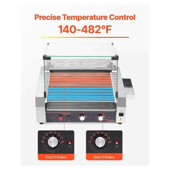 Hot Dog Roller 30 Capacity, Stainless Steel Commercial Grill Cooker, 1600W with Temp Control & Storage