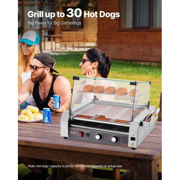 Hot Dog Roller,30 Hot Dog 11 Rollers,Stainless Steel Sausage Grill Cooker,1600W Commercial Hot Dog Machine with Dual Temp Control,Cover,Side Storage Box,Removable Shelf&Oil Drip Tray