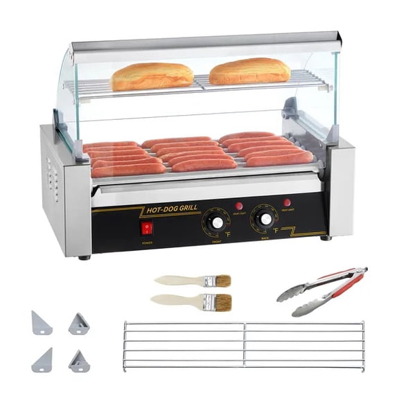 Hot Dog Roller 7 Rollers 18 Hot Dogs Capacity 1050W Stainless Sausage Grill Cooker Machine with Dual Temp Control Glass Hood Acrylic Cover Bun Warmer Shelf Removable Oil Drip Tray