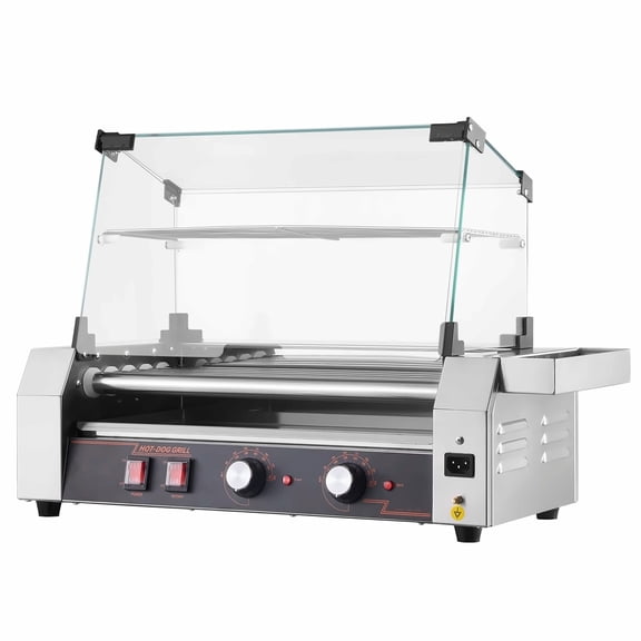 Hot Dog Roller Grill - 12 Hot Dog Capacity, 750W Commercial Electric Roller Grill, Stainless Steel, Temperature Control, Cover Included
