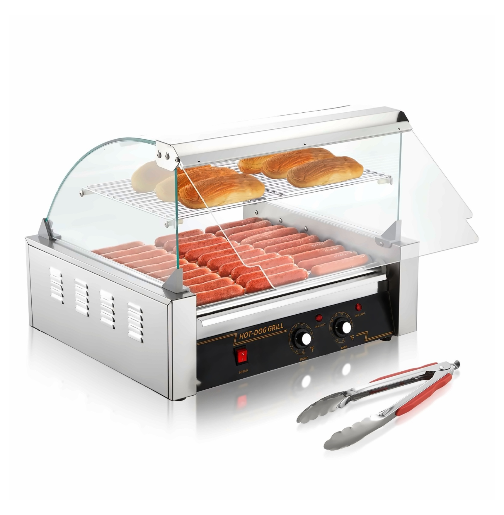 Hot Dog Roller Grill 11 Rollers 30 Capacity, 1650W Stainless Steel Sausage Cooker with Temp Control, Bun Warmer, Drip Tray, ETL Listed