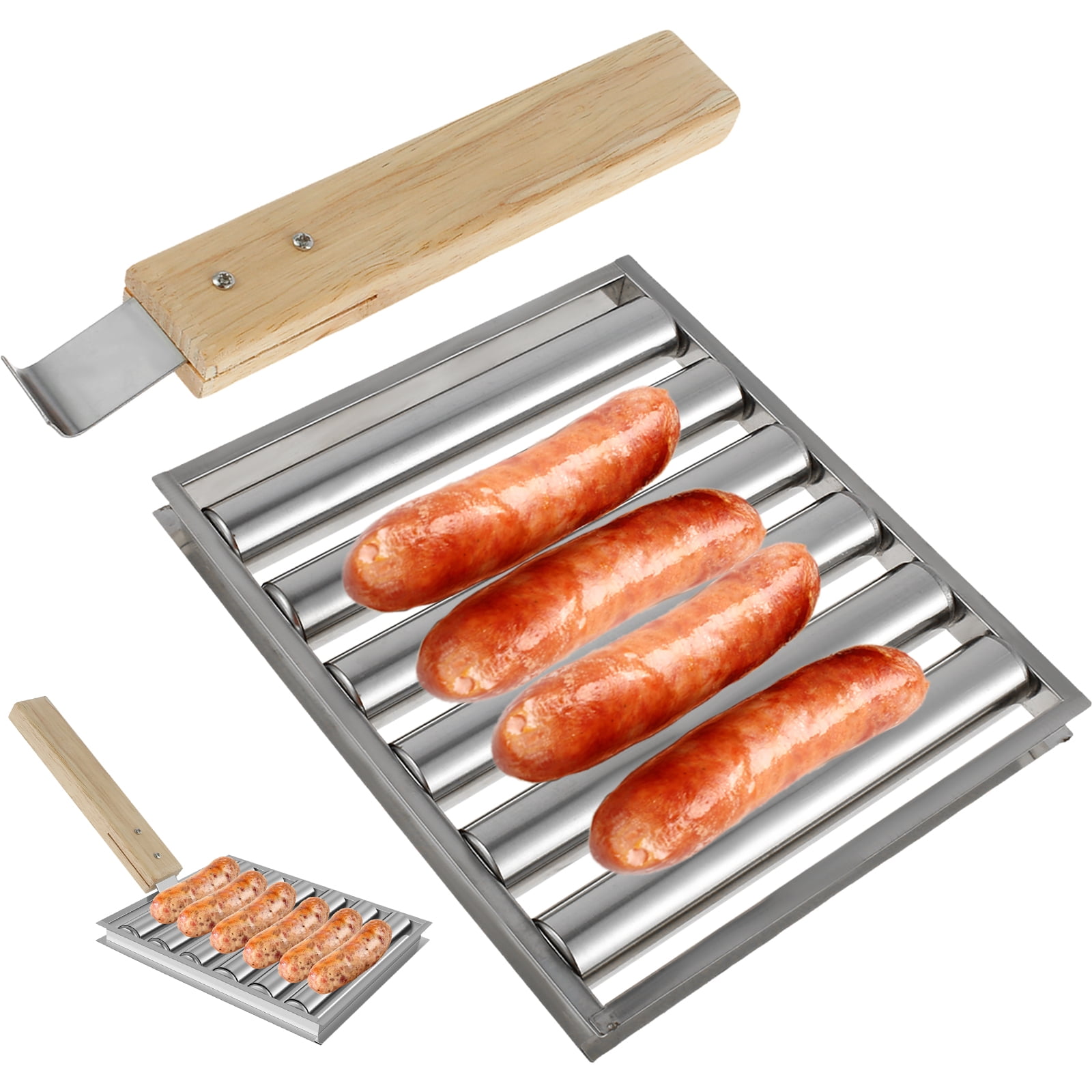 Hot Dog Roller Stainless Steel Sausage Roller Rack with Long Wooden