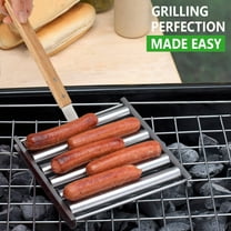 Hot Dog Roller for Grill with Extra Long Wood Handle, BBQ Hot Dog Griller For Evenly Cooked Hot Dogs, 5 Hot Dog Capacity for Outdoor BBQ