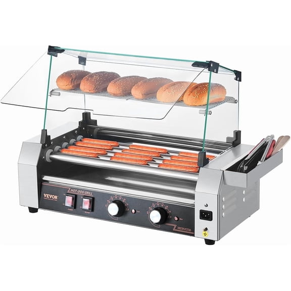 Hot Dog Roller with 5 Rollers Stainless Steel Grill 750W Dual Temperature Control Cover Side Storage Box Removable Shelf Oil Drip Tray Bestseling