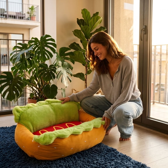 Hot Dog Shaped Pet Bed, Soft Plush Novelty Dog Cat Bed with Removable Washable Cover, Cozy Couch with Anti-Slip Bottom for Small to Medium Pets, Funny Gift