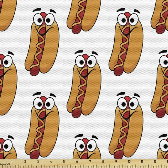 Ambesonne Hot Dog Fabric by the Yard Upholstery, Cheerful Characterized Food, 5 Yards, Apricot Vermilion