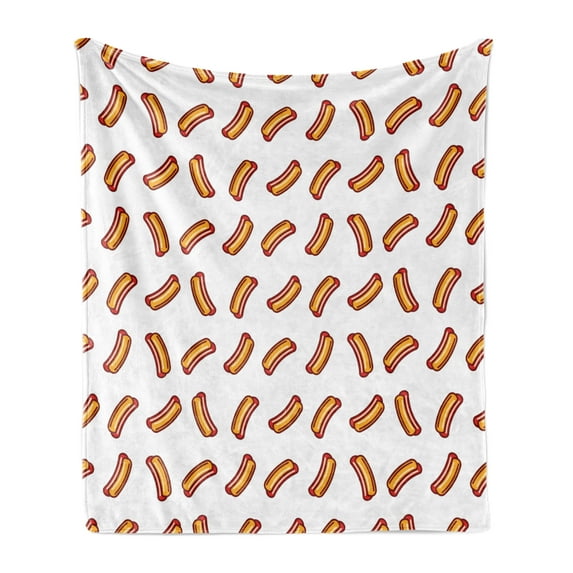 Hot Dog Soft Flannel Fleece Throw Blanket, Simple Hot Dog Food Pictogram Buns and Sausages, Cozy Plush for Indoor and Outdoor Use, 50" x 70", Orange Burgundy, by Ambesonne