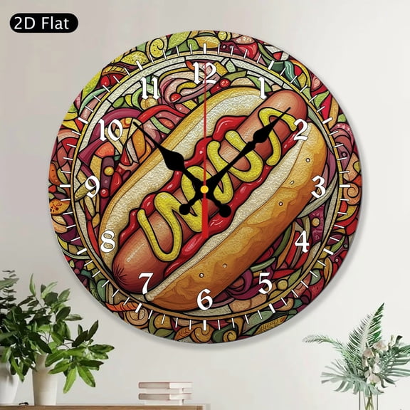 Hot Dog Stained Glass Round Wall Clock, Kitchen Bar Cart Decor, American Food Lover Gift